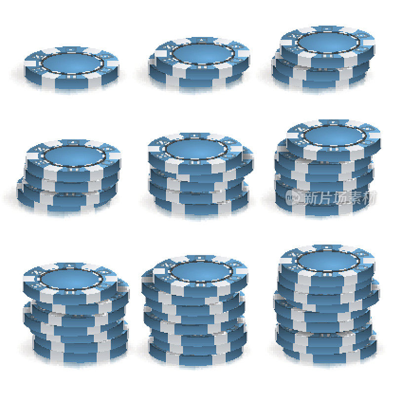蓝色扑克筹码堆栈向量。3D逼真。Round Poker Game Chips Sign Isolated On White。赌场大赢概念插图
